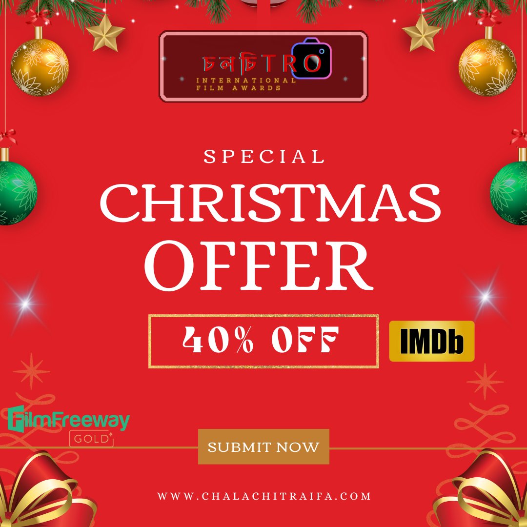 Tis the season for cinematic magic! 🎄
Submit your film to our festival and unwrap a special gift: 40% OFF this Christmas! 🌟🎁 Don't miss your shot at this festive deal! #FilmFestivalMagic #ChristmasDiscount #CinemaCelebration #SubmitYourFilm #LimitedTimeOffer