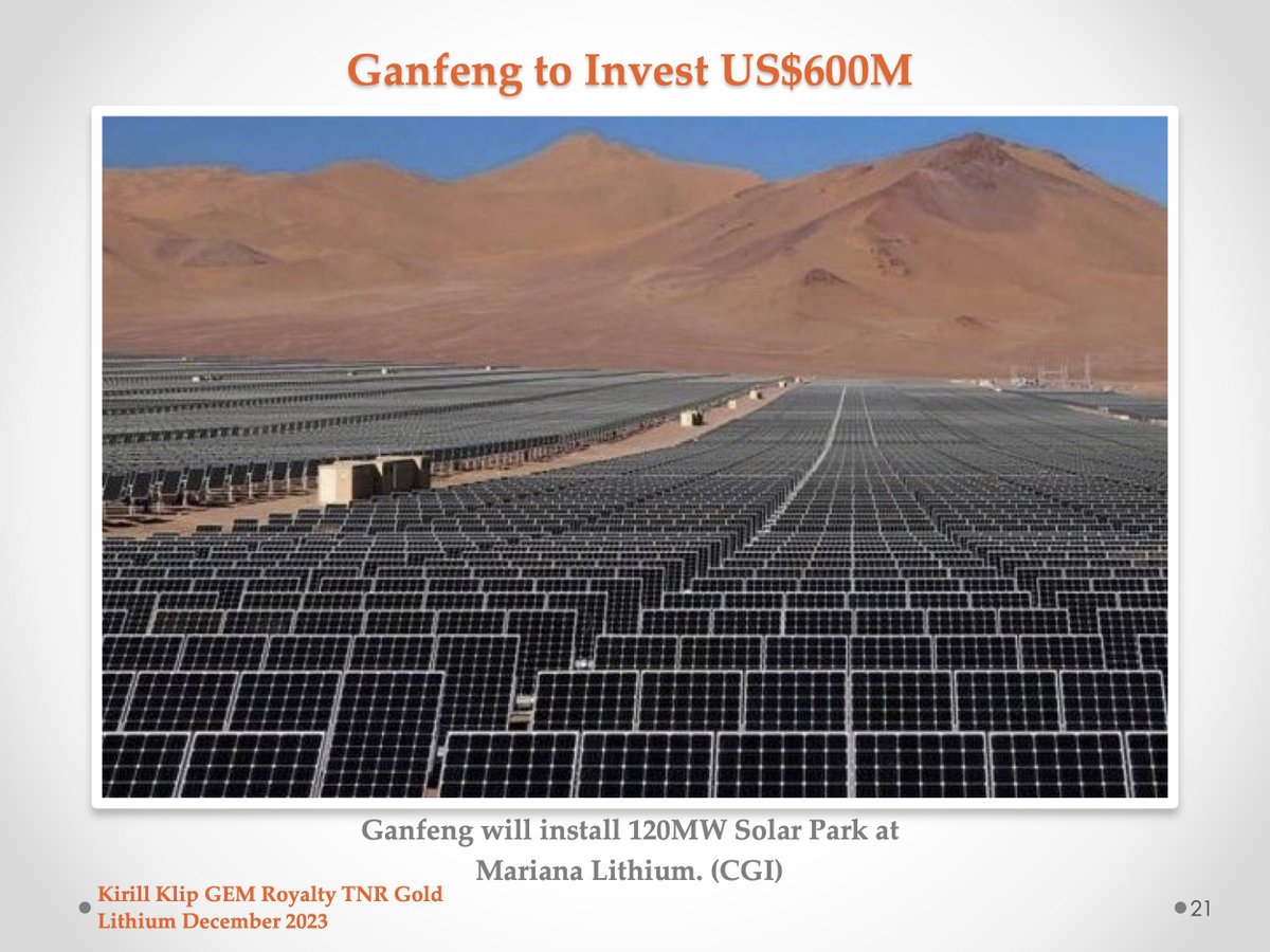 #Ganfeng plans to power all operations at #MarianaLithium Project with renewable energy. Report from Salta about the latest developments & Ganfeng plan for a 120 MW #Solar Park at the Salar de Llullaillaco. kirillklip.blogspot.com/2023/08/tnr-go… $TRRXF #TNRGold🔋 $TNR.v #Royalty #Lithium #EVs