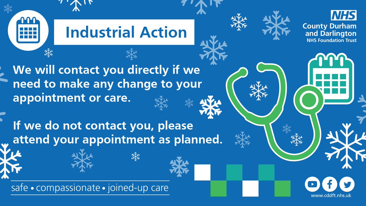 From Wednesday 3 January until Tuesday 9 January some of our services may be affected due to strike action. ⚠️ You will be contacted if your appointment needs to be changed, please continue to come forward for the care you need.