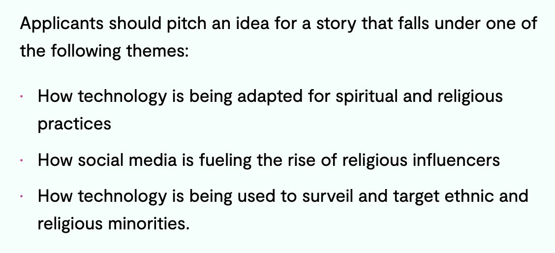 🚨 Journalists! 🚨 Looking for an exciting project for 2024? @restofworld just launched a new fellowship looking for writers with story ideas at the intersection of tech and religion. Really interesting one. All info, including eligibility, here: restofworld.org/about/hiring/t…