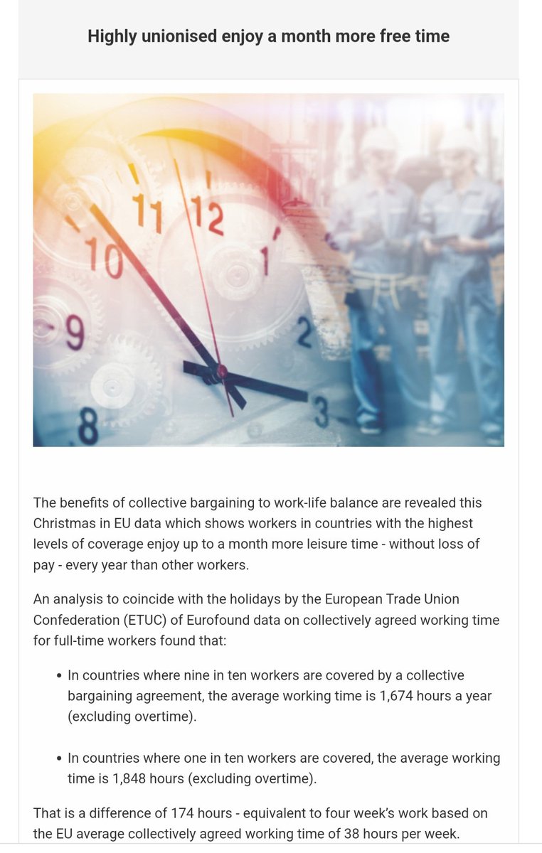 ⏰️ 4 weeks extra off work!!! New research by @etuc_ces shows that the European countries with the highest level of collective bargaining coverage also have the lowest amount of working time.⏰️ Another reason to #JoinAUnion