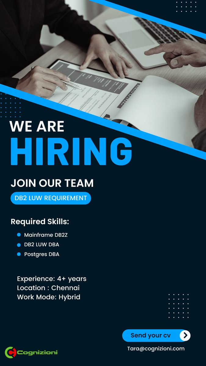 Hi Everyone,

Hiring: DB2 LUW Requirement
Experience: 4+ years 
Location: Chennai
Job type: Hybrid
Send your resume to: Tara@cognizioni.com

#hiring #hiringnow #hiringimmediately #hiringalert #db2 #chennai #chennaijobs #chennaihiring #mainframe #experienced #experiencedjobs