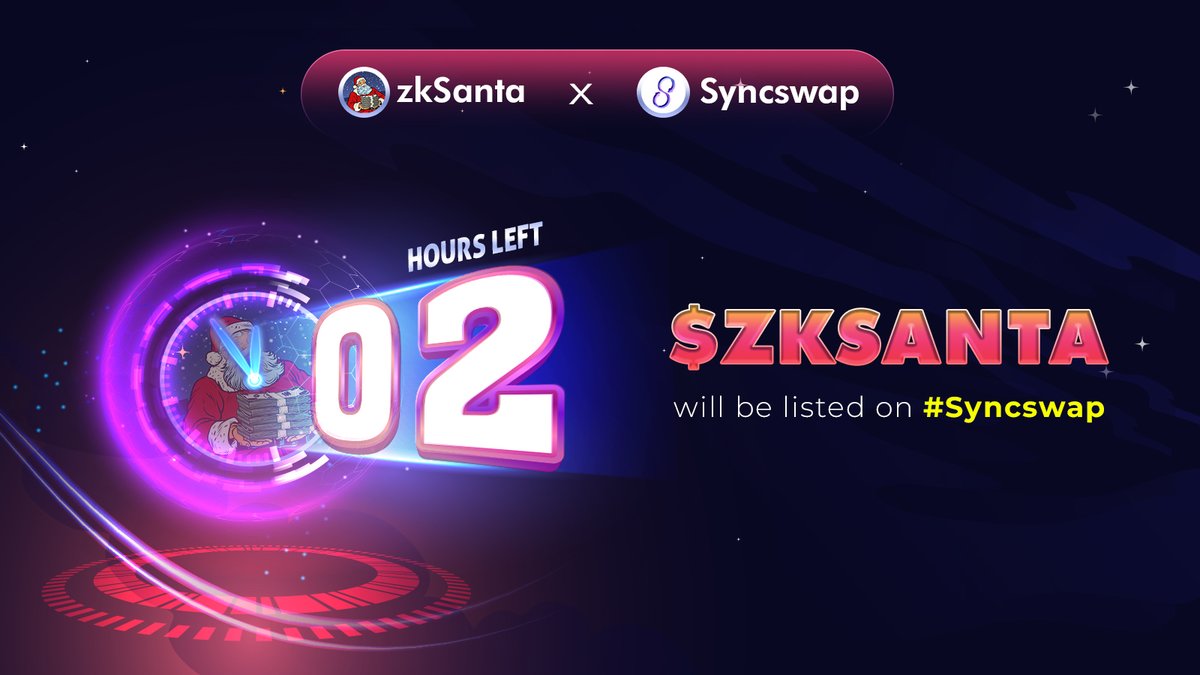 zk_Santa's tweet photo. 📢 2 HOURS LEFT - $ZKSANTA will be listed on #Syncswap

⏰ Time: 12h45PM UTC, Dec 22, 2023

🔄 Listing Pair: ZKSANTA/ETH

💹 You can check your $ZKSANTA airdrop: https://t.co/ufRJbu1K2U https://t.co/QNdWKEbxWA