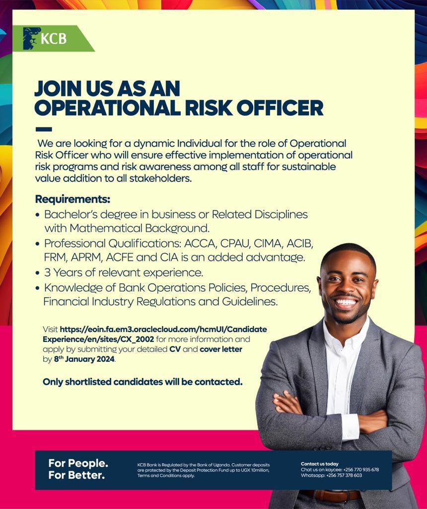 kcbbankug's tweet photo. We are on the lookout for an Operational Risk Officer 😎

Do you have what it takes? Apply today #ForPeopleForBetter https://t.co/thnVMJpYrg