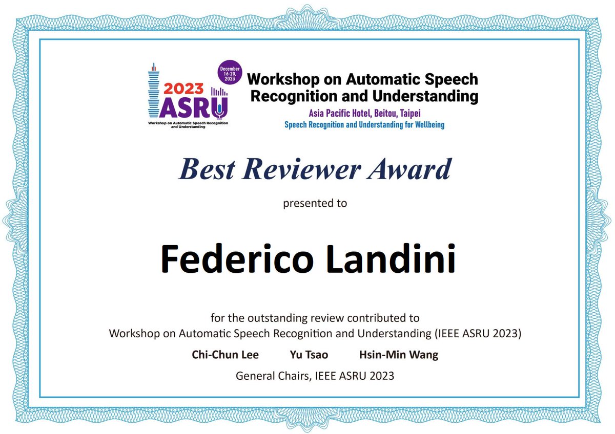 Reviewing is a very valuable (and often invisible and not much appreciated) service to the community, we are proud about Fede's recognition from #ASRU2023!