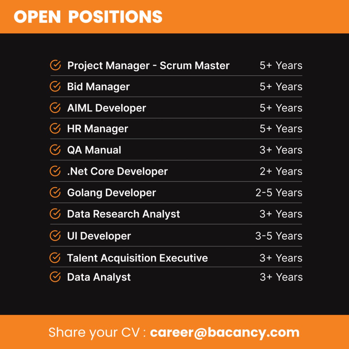 ⚠️ We are Hiring!⚠️ #Recruiting candidates! #VacancyAtBacancy #BacancyHires #jobsinahmedabad #ahmedabadjobs #techjobs #Techjobsindia #jaipurjobs #jobsinindia #jobsintech #GrowWithBacancy #DedicatedToInnovation #BacancyTechnology