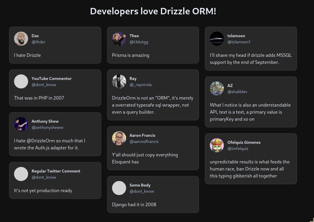coffeeandcoding's tweet image. Ok, this is actually hilarious, this is on the Drizzle homepage. @DrizzleORM I love this.