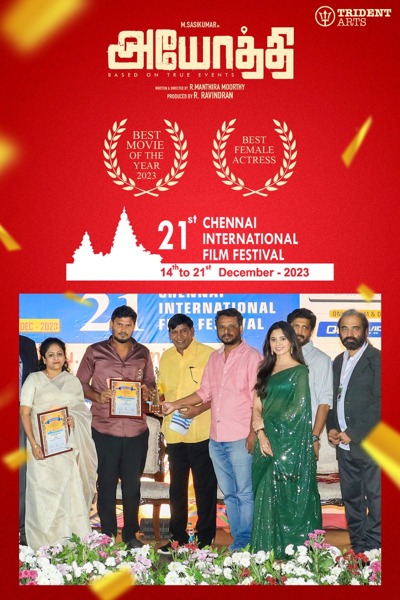 Glad to announce that #Ayothi has won the best film award for the year 2023. @tridentartsoffl @saregamasouth @SasikumarDir @VijaytvpugazhO #manthiramoorthy #preethiasrani @iyashpalsharma @NRRaghunanthan @Sanlokesh