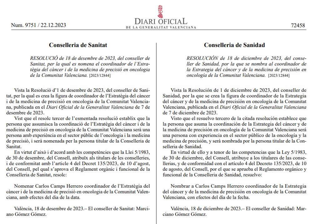 🔵 Desde <a href="/FundacionECO/">Fundación ECO</a>, queremos felicitar a nuestro director de Programas Científicos, el Dr. <a href="/CarlosCampsHerr/">Carlos Camps Herrero</a>, por su nombramiento como coordinador de la Estrategia del #cáncer y de la medicina de precisión en #Oncología de la Comunidad Valenciana

¡Enhorabuena, doctor!