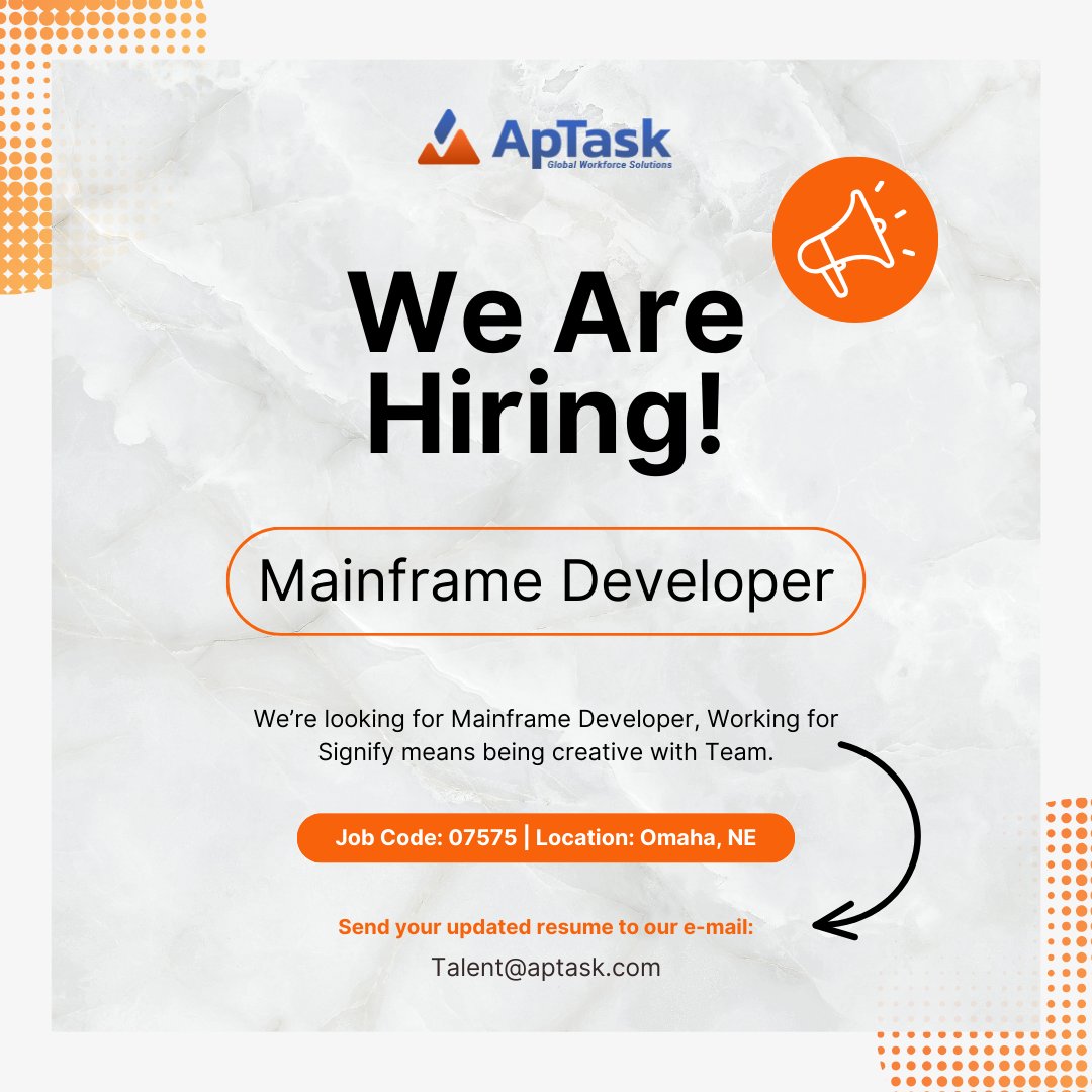 MyApTask's tweet image. ApTask is hiring a Mainframe Developer in Omaha, NE! Submit your resume to Talent@aptask.com with Job Code 07575. Explore more opportunities at aptask.com/job-seekers/. #MainframeDeveloper #OmahaJobs #TechCareer #HiringNow #JobOpportunity #ApTaskJobs #CareerGrowth #ApplyNow