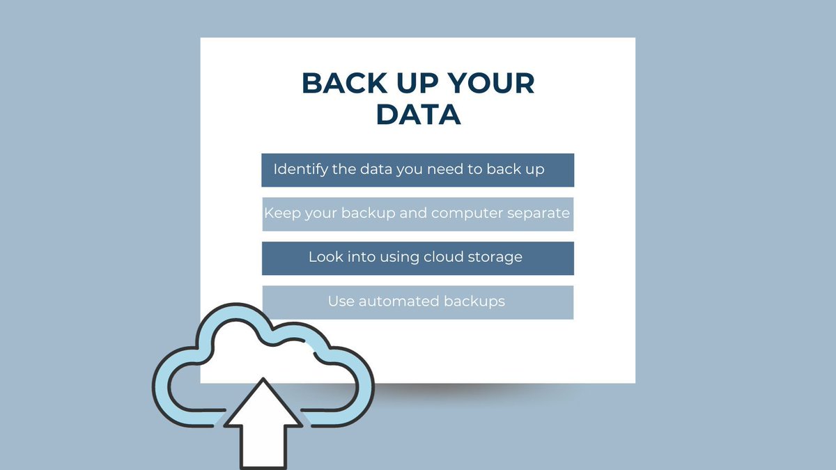 Backing up your data is an essential step in protecting your #business from #cyberattacks – ensuring that your vital #business data is not lost. Make sure all-important #data is backed up separately from your computers, and ensure that backups occur regularly.