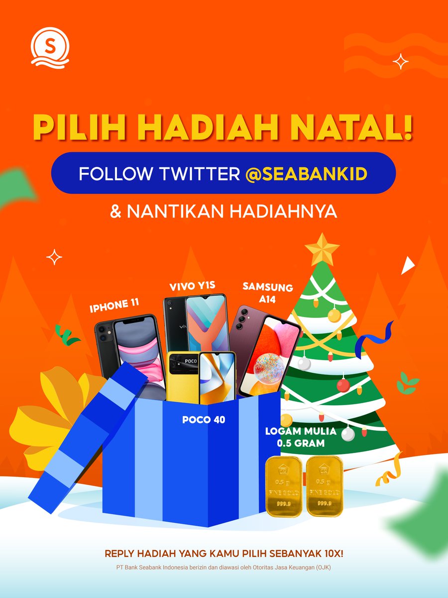 SeaBankID's tweet photo. PILIH HADIAH NATAL!🎄

FOLLOW TWITTER @SEABANKID &amp; DAPATKAN HADIAHNYA🔥

Ada banyak pilihan, seperti IPHONE 11 dan SAMSUNG A14🎁 Yuk, FOLLOW &amp; REPLY hadiah yang kamu pilih biar mimin kabulin nanti hihihi~ https://t.co/APJQhxvqRe