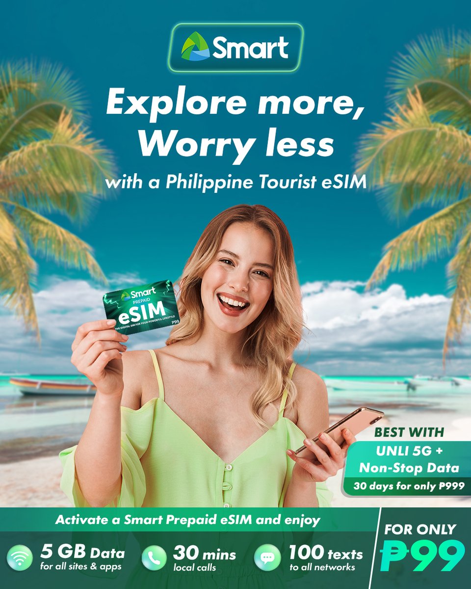 LiveSmart's tweet image. Make the most out of your stay and experience the beauty of the Philippines hassle-free with a Smart Prepaid eSIM. 

Pair up your eSIM with Unli 5G + Non-Stop Data for 30 days for only ₱999. 

Purchase your Smart Prepaid eSIM for only ₱99: smrt.ph/digiesimtw

#SmarteSIM
