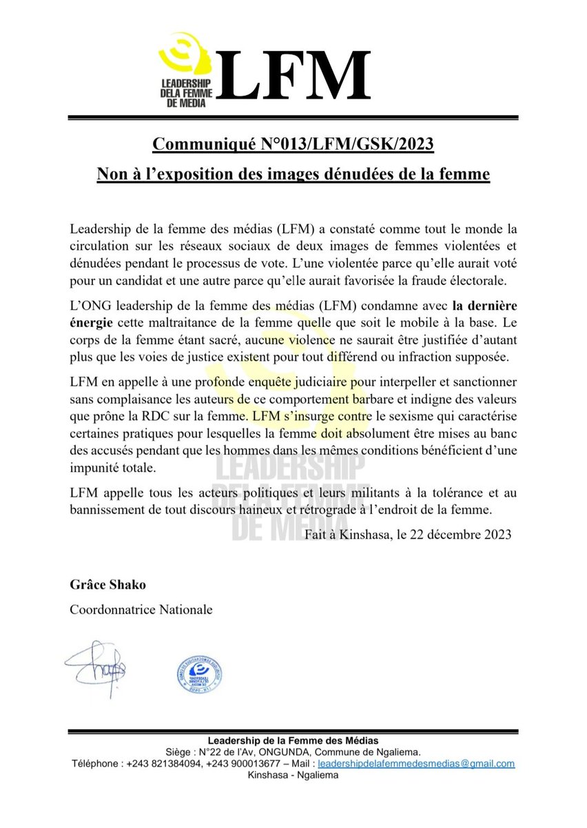 🚫NON A L'EXPOSITION DES IMAGES DÉNUDÉES DE LA FEMME 🚫

#LFM condamne avec la dernière énergie la maltraitance de la femme pendant le processus de Vote en RDC quelle que soit le mobile à la base.

#pasdexcuse 
#LFM 
#jedenonce 
#LeCorpsDeLaFemmeEstSacree