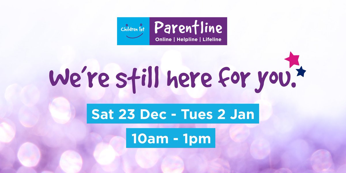 _ChildrenFirst's tweet image. We're here for you because we know that problems don’t go away for the holidays. Children 1st Parentline will be open every day from 10am-1pm over the next 2 weeks. Call free on 08000 28 22 33 or visit 👉children1st.org.uk/help-for-famil…