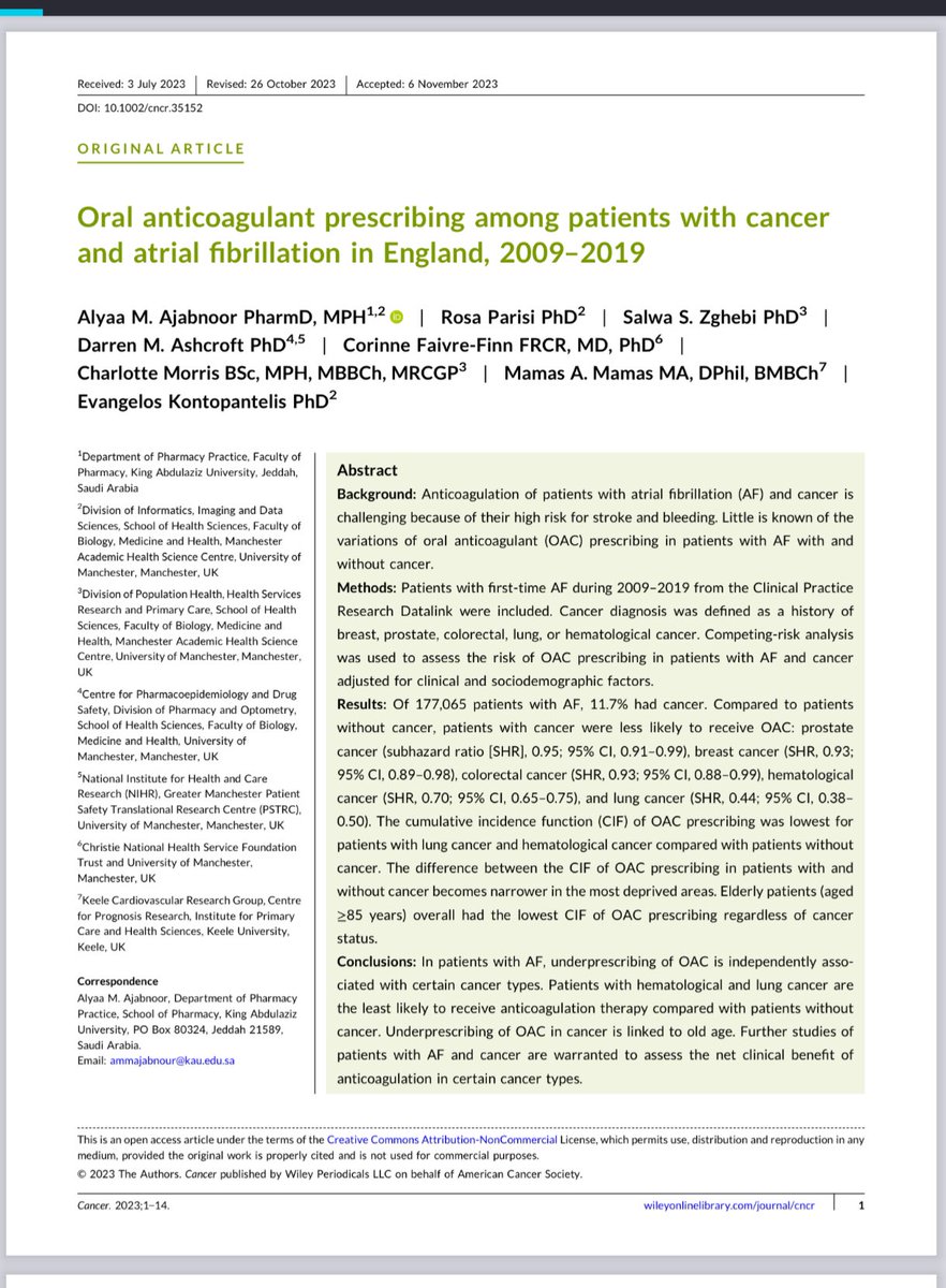 Our analysis led by @alyaa_an using UK national data shows Oral anticoagulant prescribing among patients with cancer and atrial fibrillation in England is much less than in patients without cancer, esp haematological malignancies snd lung CA, even though these pts are at higher…