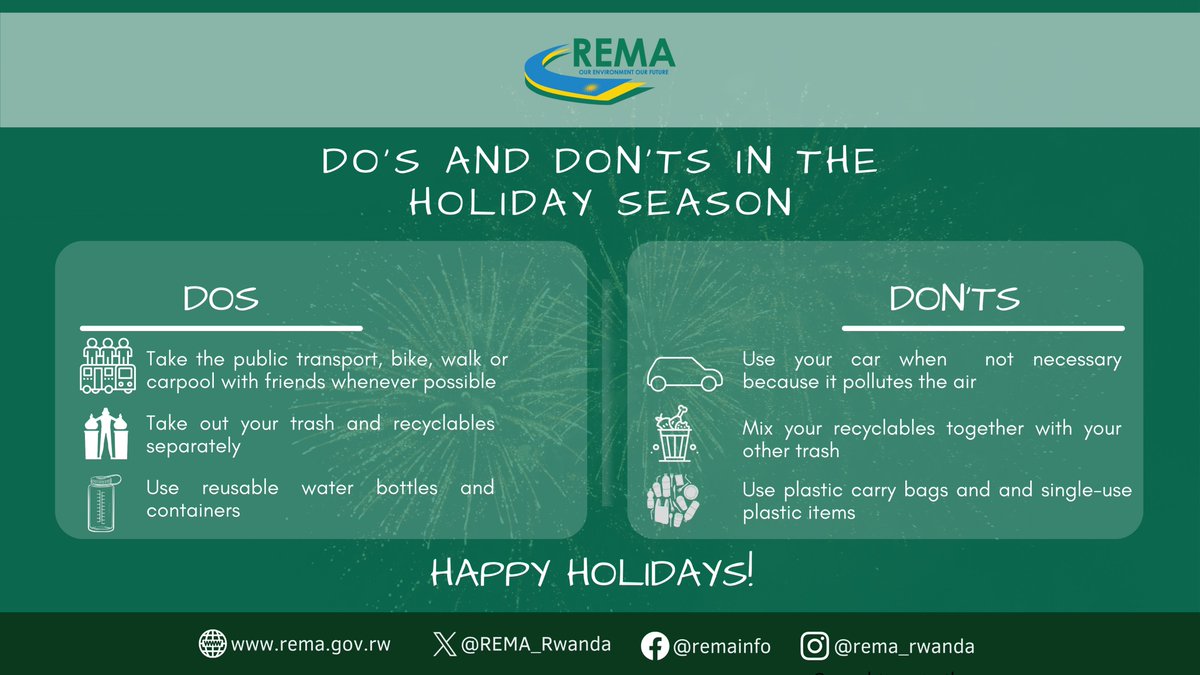 📢Let's turn celebration into conservation Embrace the green spirit by taking small actions that make a big impact. Choose eco-friendly gifts, refuse single-use plastics, opt for sustainable decorations Every act counts, let's make a difference #GreenRwanda🇷🇼🌿|#GreenHolidays