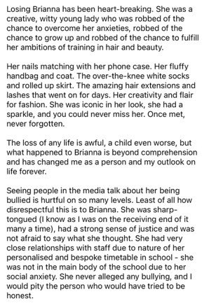 Touching statement from Brianna’s head teacher - ‘losing Brianna has been heartbreaking. She was a creative, witty young lady ..