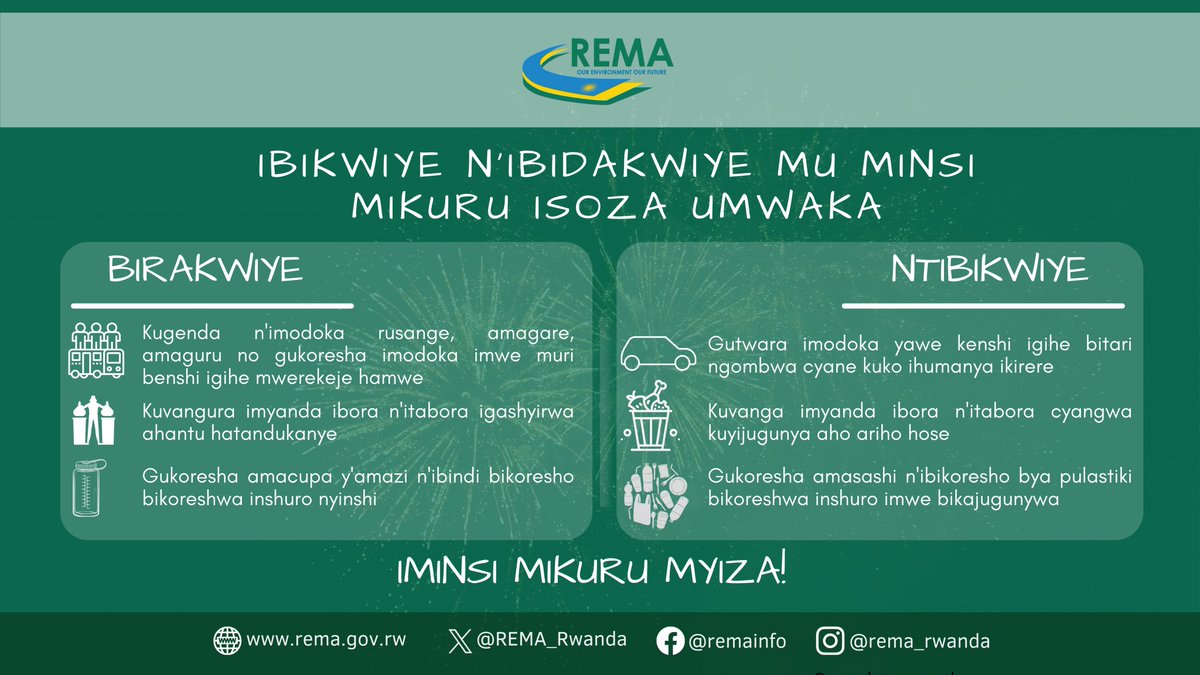 📢Twizihize iminsi mikuru tubungabunga ibidukikije! Ibikorwa bito byagira akamaro kanini. Hitamo impano n'imitako bitangiza ibidukikije, wikoresha amasashi n'ibikoresho bya pulastiki bikoreshwa inshuro 1 Amahitamo yawe yazana impinduka nziza! #GreenRwanda🇷🇼🌿|#GreenHolidays