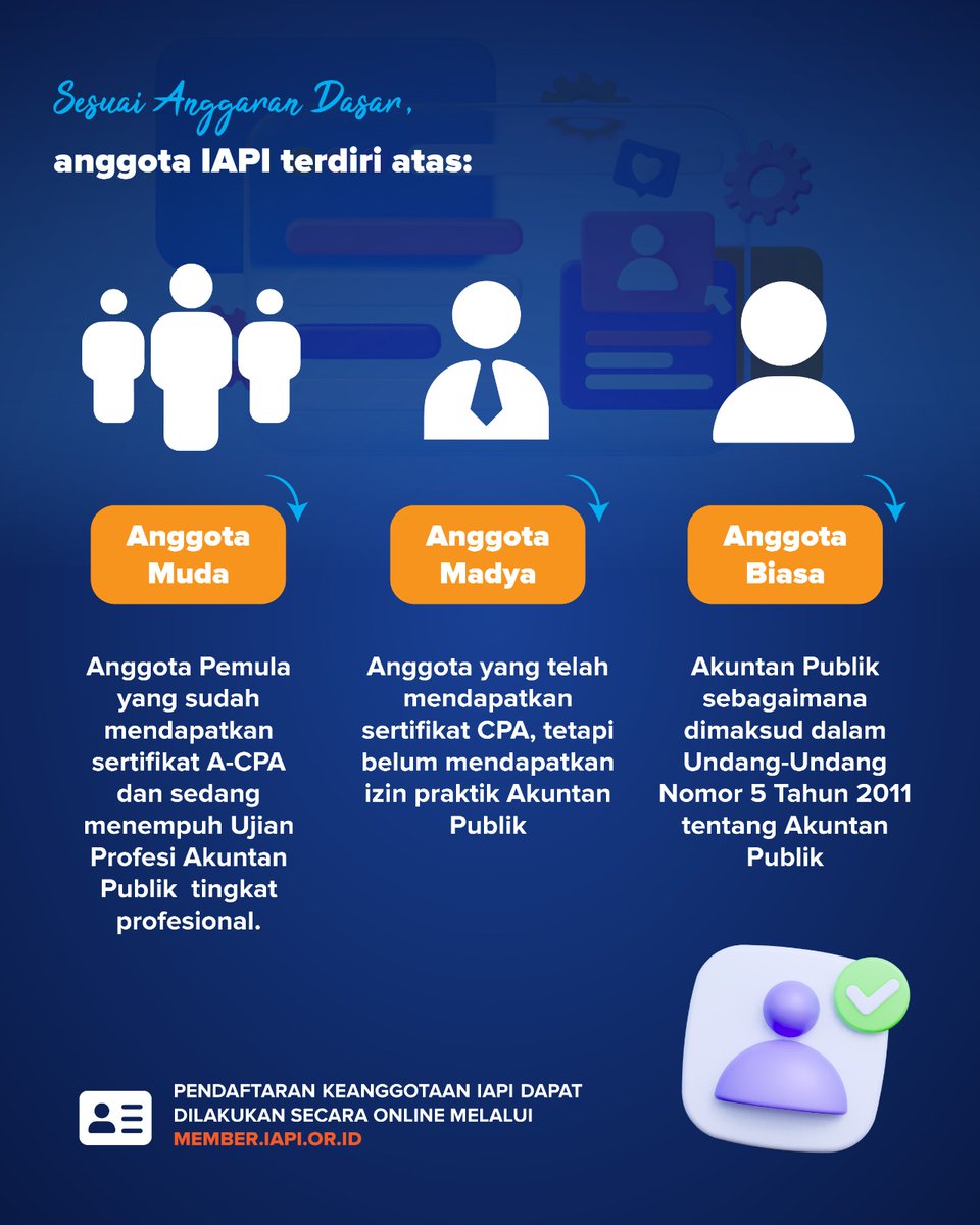 Bergabunglah bersama kami dengan menjadi anggota IAPI. Mari bangun masa depan profesionalmu yang dinamis dan berdaya saing. Bergabunglah untuk mengejar kesuksesan bersama komunitas ahli baik nasional dan internasional. #Institutakuntanpublikindonesia #cpaindonesia