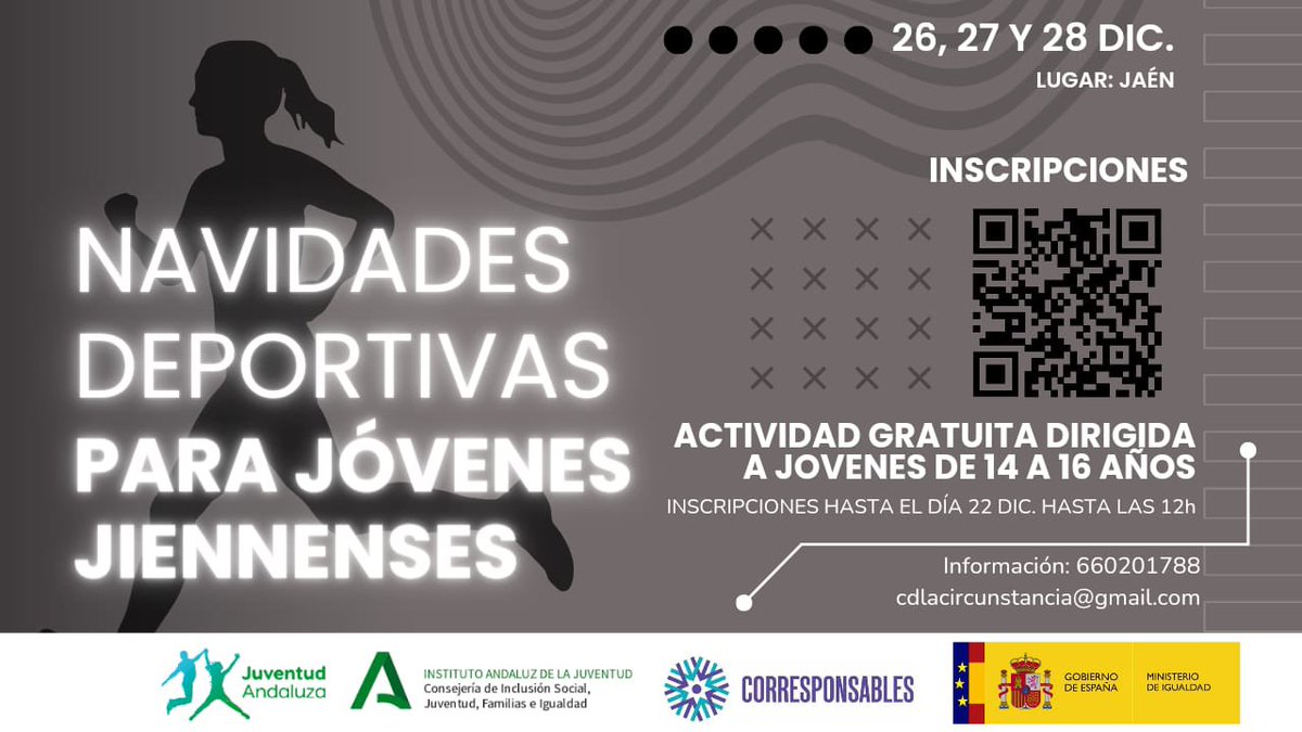 Inscríbete en las jornadas deportivas durante los días 26, 27 y 28 de diciembre promovido por el @juventudandalucia_iaj docs.google.com/forms/d/1eABZ5… Tienes hasta las 14:00