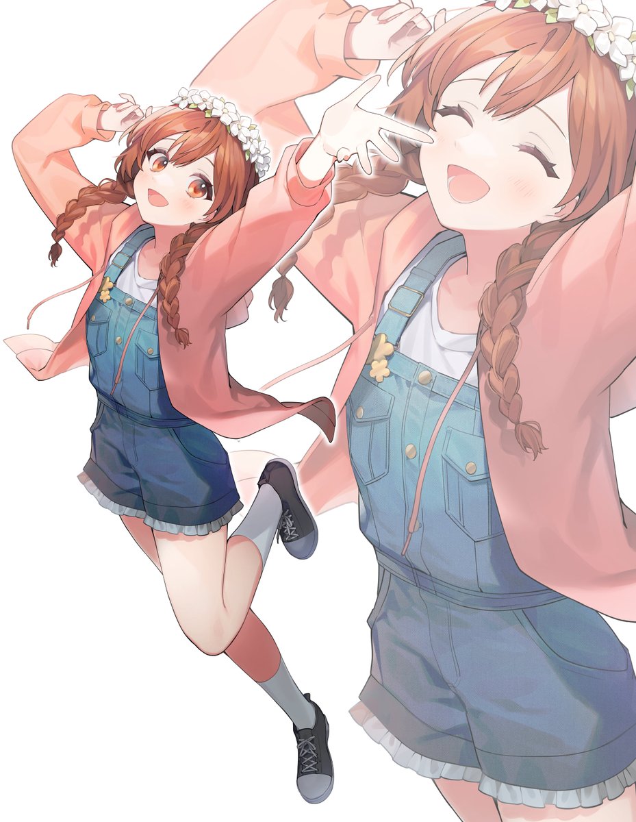 1girl overalls twin braids braid head wreath smile overall shorts  illustration images