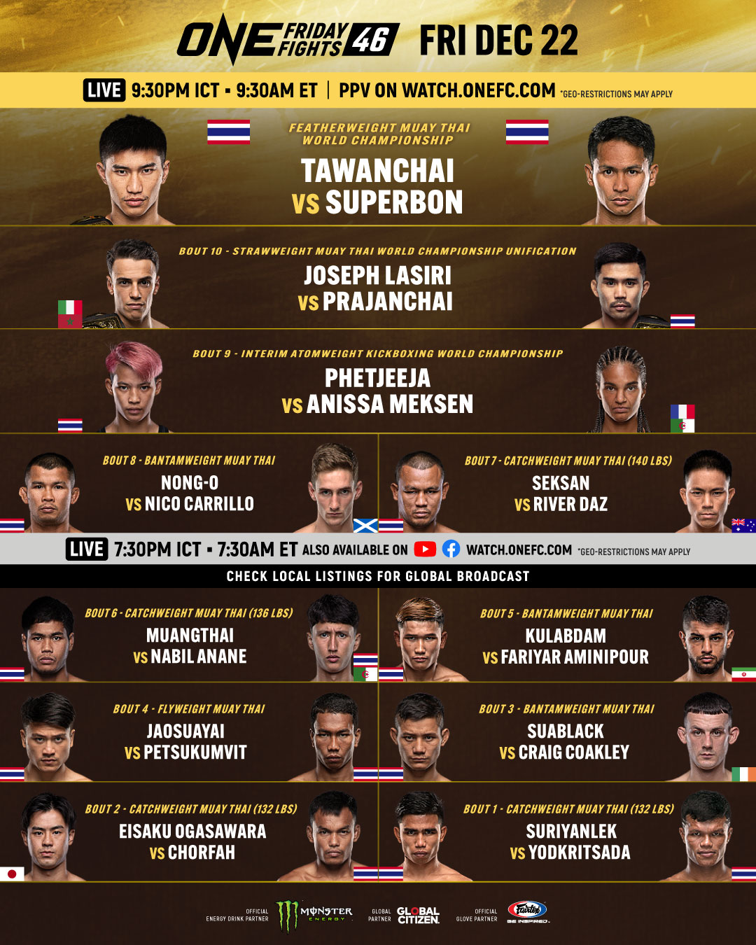ONE Championship on X We re just a few hours away from ONEFridayFights46 headlined by THREE highly anticipated World Title fights Purchase the PPV now https t JGW4Jupt5N https t MhAFCu5vba X
