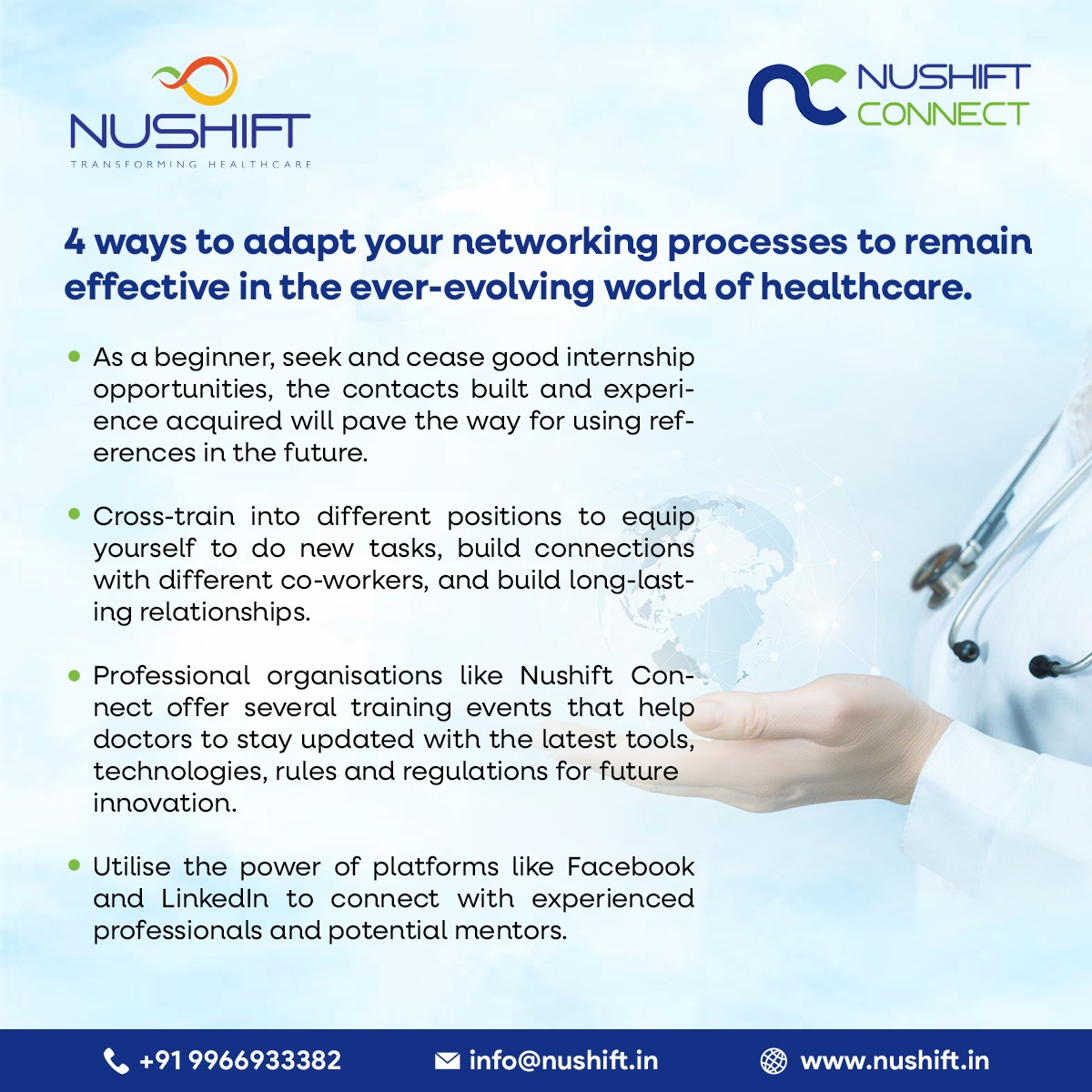 nushiftconnect's tweet image. 4 ways to adapt your networking processes to remain effective in the ever-evolving world of healthcare.

#networkingplatform #networking #doctor #doctors #healthcareindustry #healthcare #healthcareprofessionals #processesofnetworking
#Nushiftconnect #healthcareprofessional