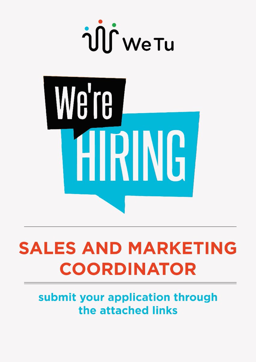 WeTu_Kenya's tweet photo. We are on the hunt for an experienced and dynamic #salesandmarketing coordinator. 

To find out more check the attached links: 

https://t.co/mezWk7k5e1

https://t.co/VtaJFiVNFM

#IkoKaziKE #hiring https://t.co/AQCWR26ZK1