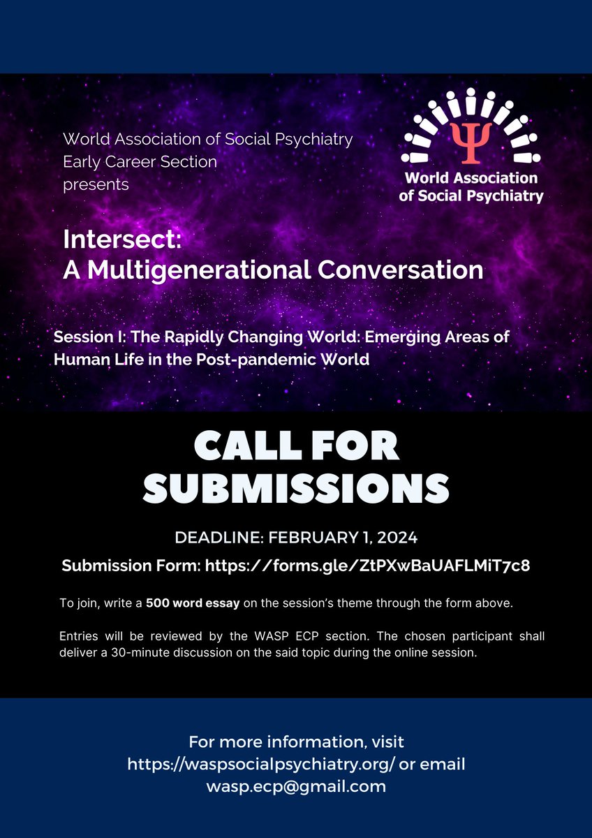 WASP_ECP's tweet photo. 📣Call for Submissions! 

The WASP Early Career Psychiatrist Section is looking for young psychiatrists to deliver a lecture for our first global!
Please submit through this link: https://t.co/f1fVZrbwDt
#Psychiatry #MentalHealthAwareness https://t.co/x7gkimtWjP