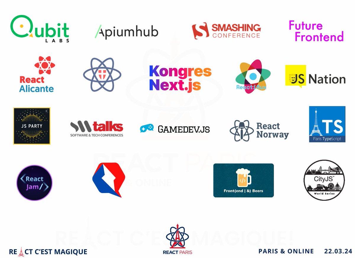 🙏🏼 Thank you @Qubit_Labs @Apium_hub @smashingconf @Future_Frontend @ReactAlicante @ReactVienna @reactiflux @ReactSummit @thejsnation @JSPartyFM @SoftwareTalksIO @ReactNorway @ParisTypeScript @reactgamejam @QwikDevParis @FrontendBeers @cityjsconf 👉🏼 React.Paris