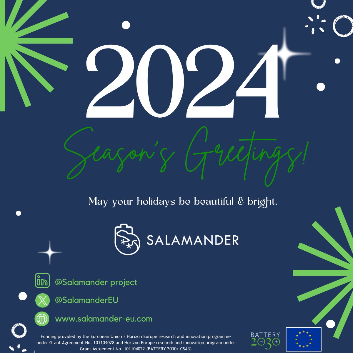 SALAMANDER Project (@salamandereu) on Twitter photo 🎄Season's Greetings from <a href="/SalamanderEU/">SALAMANDER Project</a> Project!
Wishing you a festive season and a bright New Year! 🌟
🔋Grateful for support and collaboration propelling us forward on the path of revolutionizing Li-ion batteries
Cheers to a sustainable and innovative 2024! 🚀#SALAMANDERProject 🎄Season's Greetings from <a href="/SalamanderEU/">SALAMANDER Project</a> Project!
Wishing you a festive season and a bright New Year! 🌟
🔋Grateful for support and collaboration propelling us forward on the path of revolutionizing Li-ion batteries
Cheers to a sustainable and innovative 2024! 🚀#SALAMANDERProject