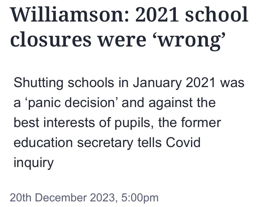The former education secretary, Gavin Williamson has told the Covid inquiry that shutting schools in January 2021 was a ‘panic decision’, ‘wholly unnecessary” and against the best interests of pupils. He added that, by the end of 2020, there was “unequivocal evidence” that…