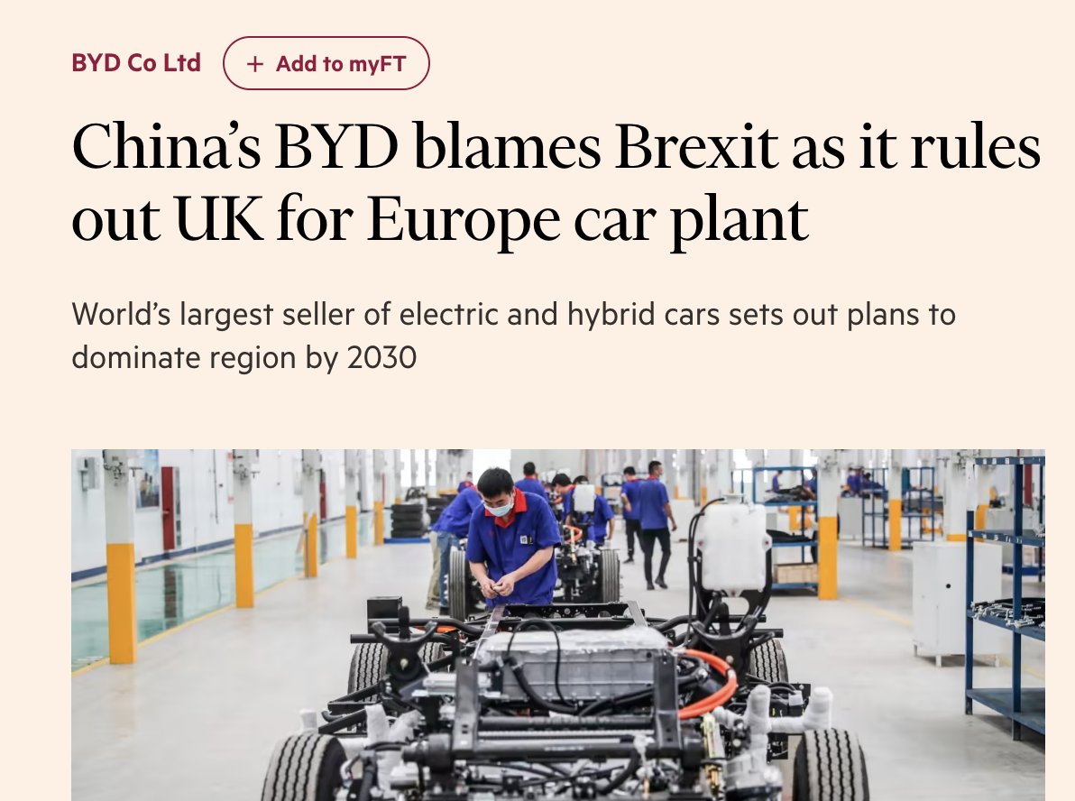A reminder of the catastrophic harm done by Brexit to the UK EV and battery industry 👇 Brexit has now chased away the two most important car manufacturers in the world: Tesla to Germany, and BYD to Hungary.