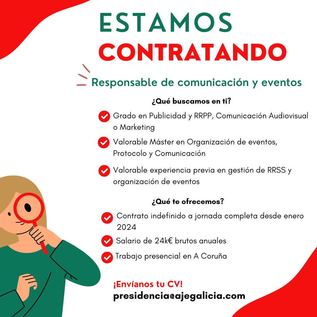 Si tienes ganas de formar parte de la familia de AJE Galicia y cumples con los requisitos del puesto, no lo dudes y mándanos tu CV a presidencia@ajegalicia.com para que podamos conocernos.