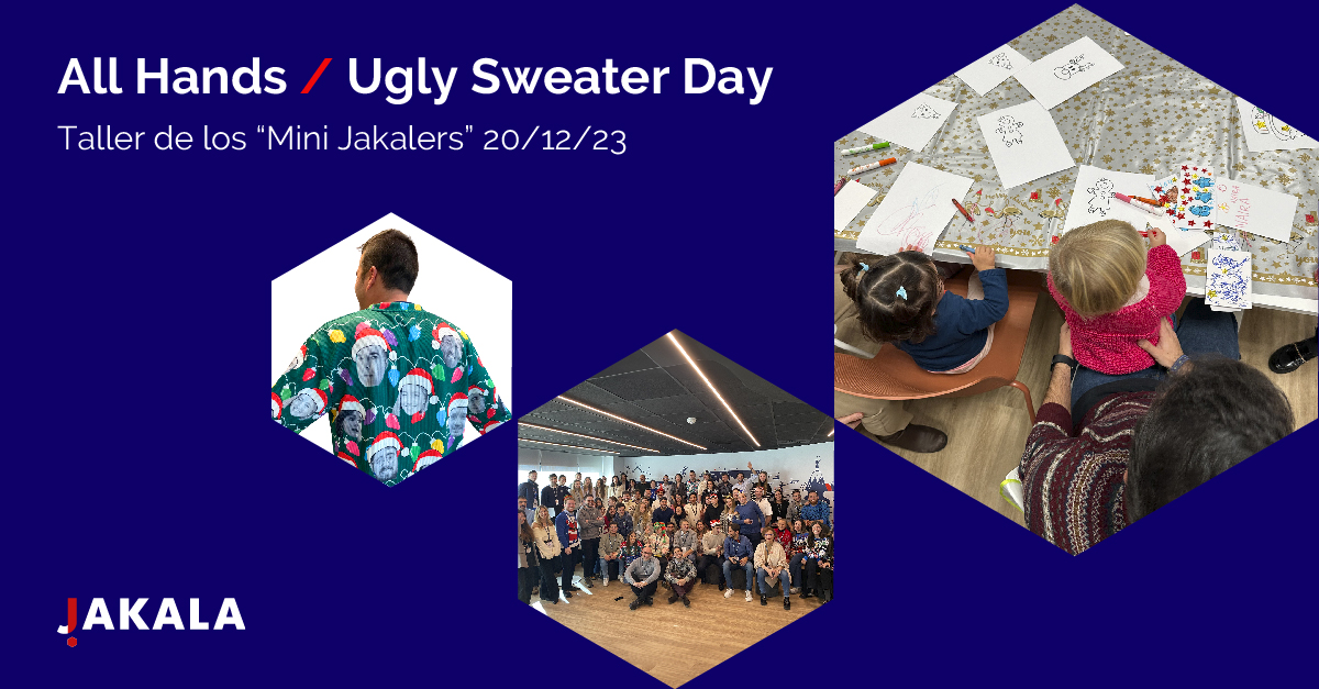 Ugly Sweater Day: Alberto Zamora ganó el premio al jersey más extravagante. Reflexionamos sobre logros y proyectos en el All Hands Meeting. Emocionante Taller con las familias. ¡Día especial en JAKALA!   
#JAKALAIberia #AllHandsMeeting