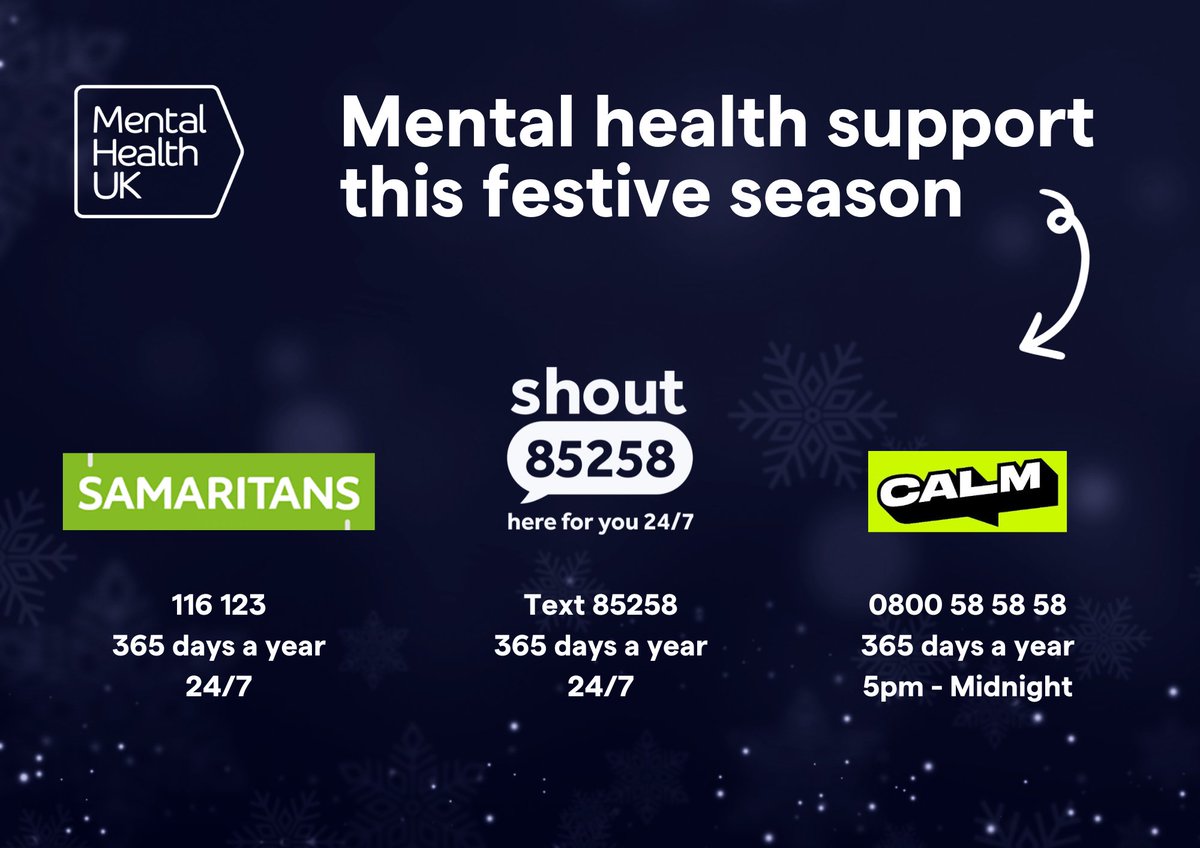 Whatever you're going through, there are people out there who care. We're signing off for a few days, but if you need support over Christmas, our graphic might help. 💌 Save and circulate with your network, as you never know who might need it. #MentalHealth #Support