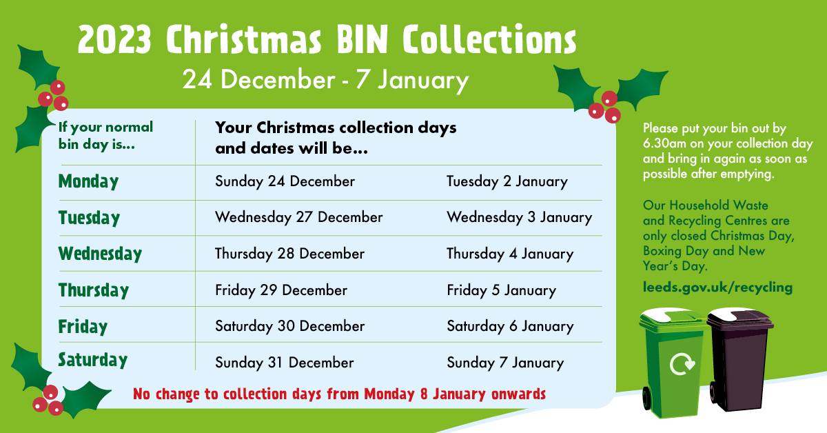 ICYMI: bin collection dates are changing over the festive period. 🎄 ♻️ See the image below for full details. ⬇️ For more info on bins, waste, and recycling, visit: orlo.uk/ZNvmZ @LeedsRecycles