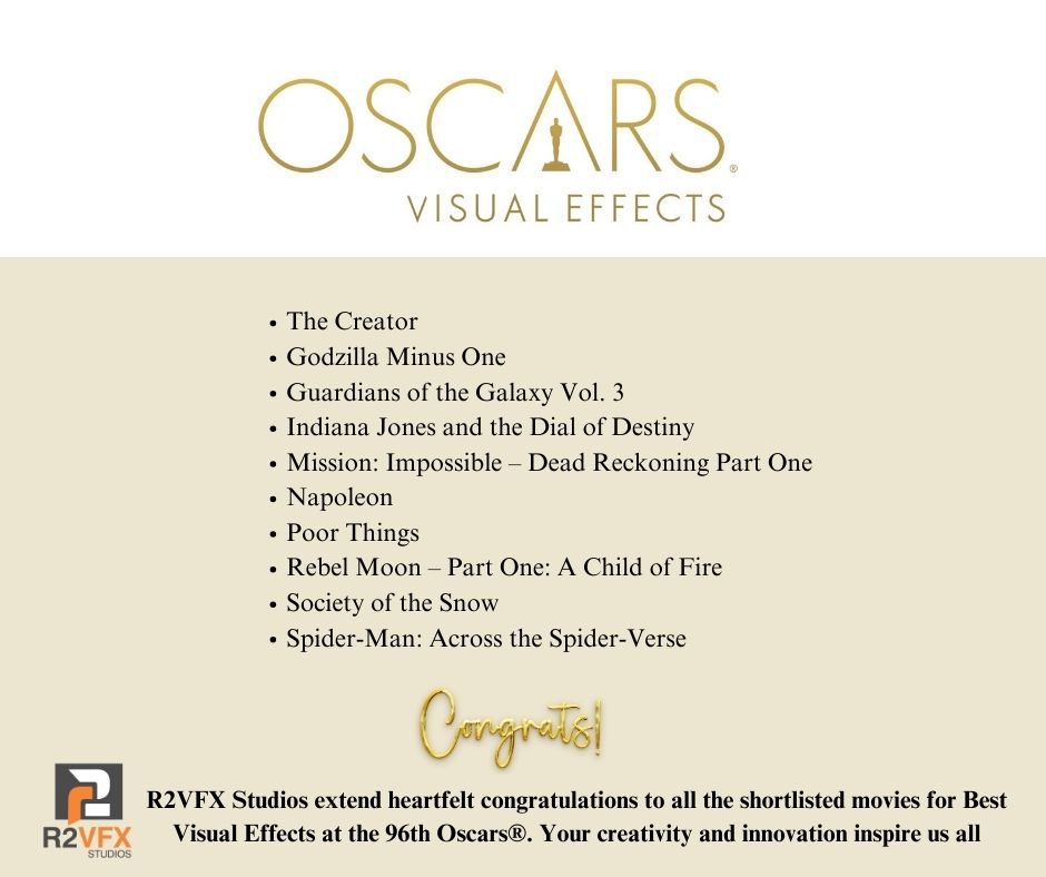 R2VFX Studios extend heartfelt congratulations to all the shortlisted movies for Best Visual Effects at the 96th Oscars®️. Your creativity and innovation inspire us all

#R2VFXCongrats #VisualEffectsInnovation #OscarsShortlist #96thOscars #CreativeExcellence