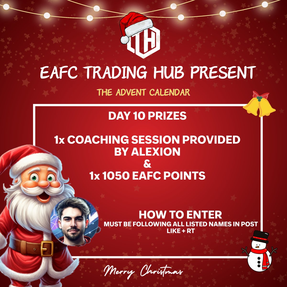 🎅EAFC Trading Hub Advent Calendar Day 10 🎅 Heating up now into the run up to Christmas. Today we have a coaching session provided by @AlexionFUT and some EAFC Points 🔥 how to enter 👇 RT & Like Follow @AlexionFUT Follow @EAFCTradingHub #EAFC24 #FC24 #EAFC #Giveaway…