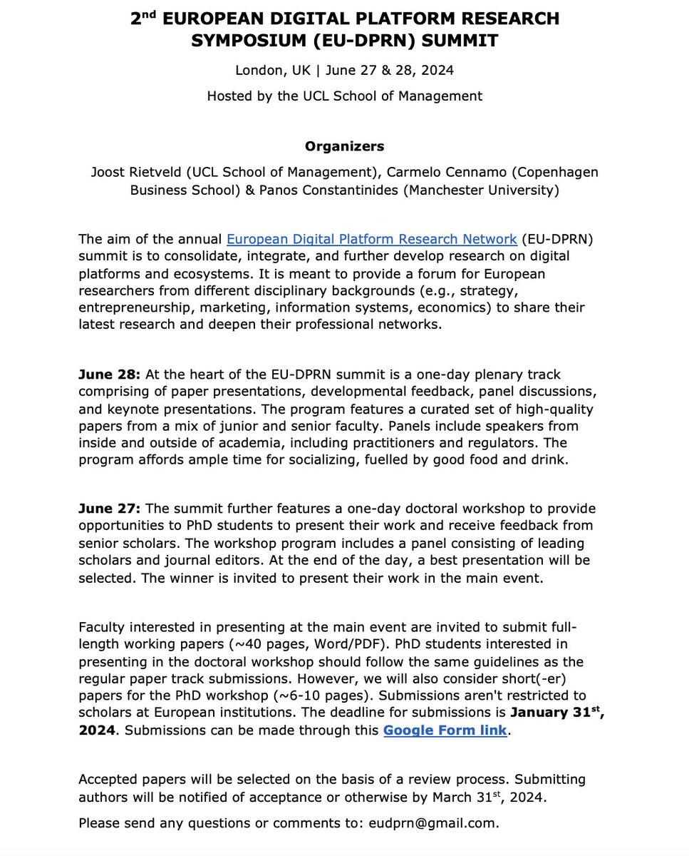 Daniel Ershov (@ershov_daniel) on Twitter photo 1/2 <a href="/UCLSoM/">UCL School of Management</a> @gjrietveld is hosting a really cool interdisciplinary (strategy/IS/mkting/econ) digital platform conference in June 2024. Includes a 1 day PhD workshop. Cutting edge research, great location, & a friendly environment! Put it on your calendars! 1/2 <a href="/UCLSoM/">UCL School of Management</a> @gjrietveld is hosting a really cool interdisciplinary (strategy/IS/mkting/econ) digital platform conference in June 2024. Includes a 1 day PhD workshop. Cutting edge research, great location, & a friendly environment! Put it on your calendars!
