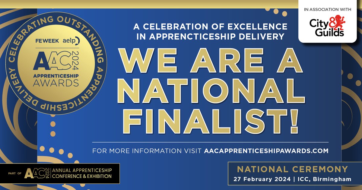 We're over the moon to announce that we have been shortlisted in the FE Week &amp; AELP AAC Apprenticeship Awards 2024 🌟

We're a National Finalist in The Widening Participation Recognition Award 🏆

We'll find out at the end of February if we're winners 🤞
aacapprenticeshipawards.com/national-final…