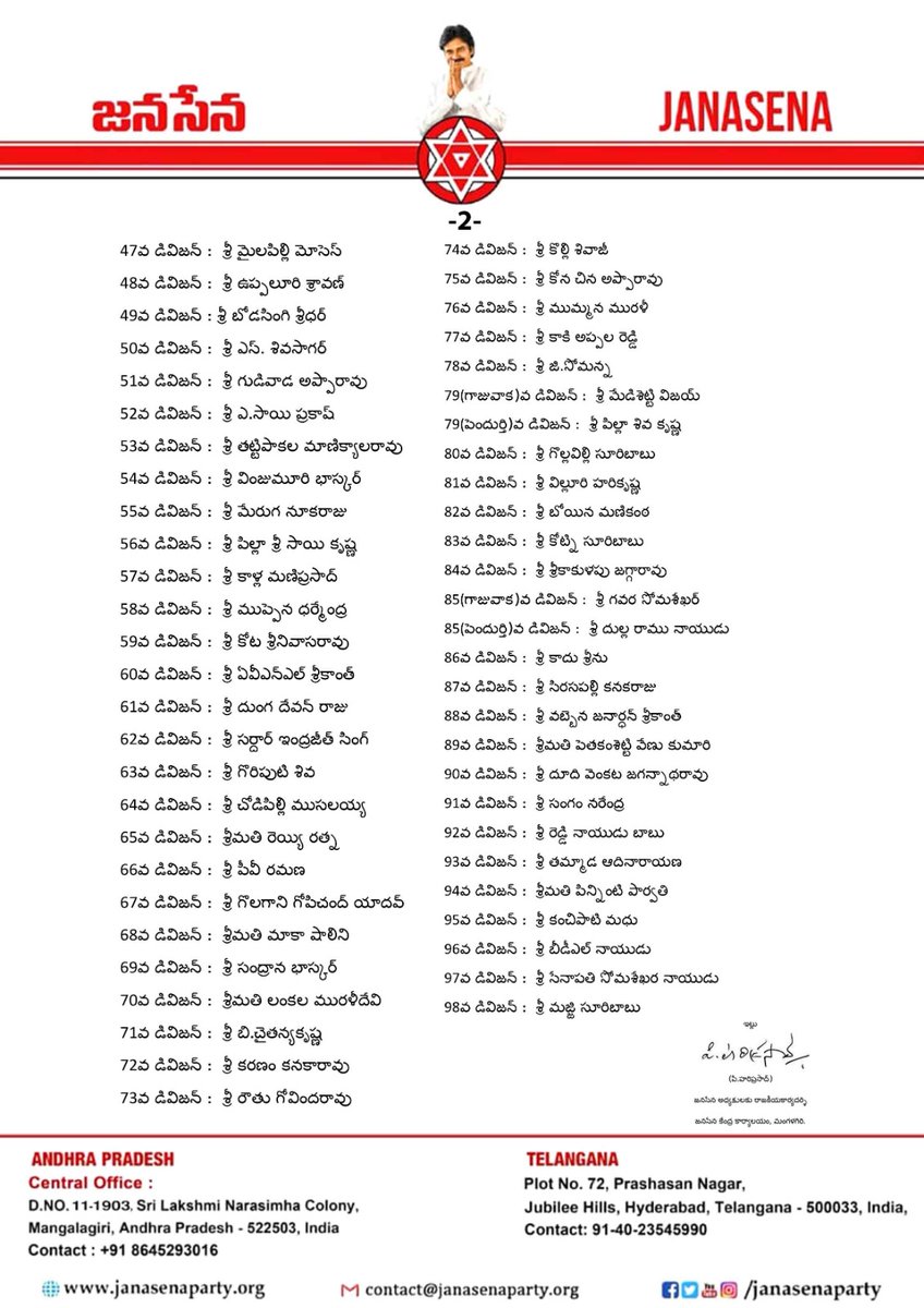 JanaSenaParty's tweet image. మహా విశాఖ నగరపాలక సంస్థ జనసేన డివిజన్ అధ్యక్షుల నియామకం