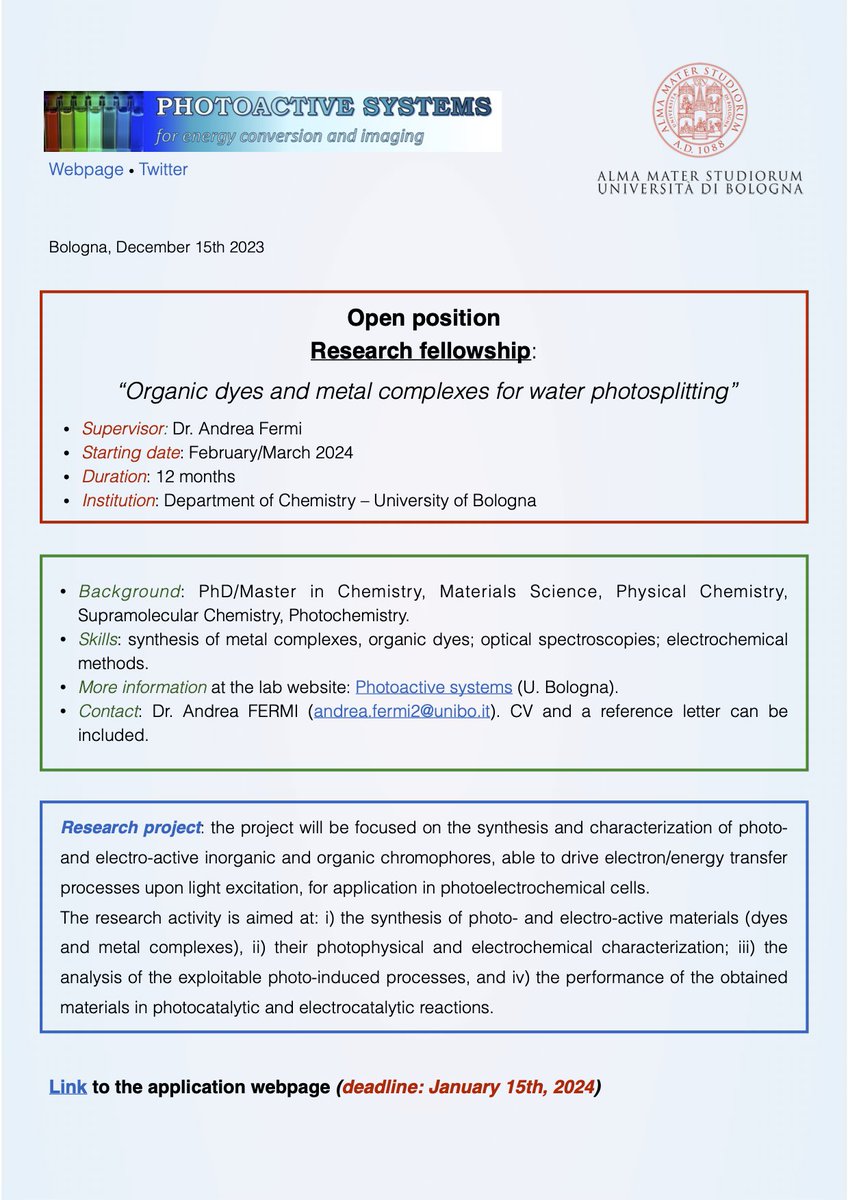 New position available in the framework of the "Photogen" project (12 months fellowship; deadline January 15th 2024)

Link to the call: bandi.unibo.it/ricerca/assegn…