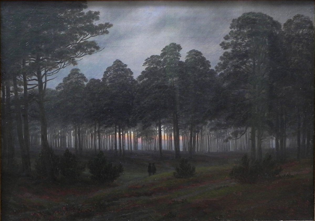 Although it's a 'romantic' landscape, someone viewing this painting circa 1820 would have instantly recognized it as a modern, artificially planted, and highly managed woodland. In it, Friedrich portrays the beauty of the technocratic values of resource management. Evening, c1820