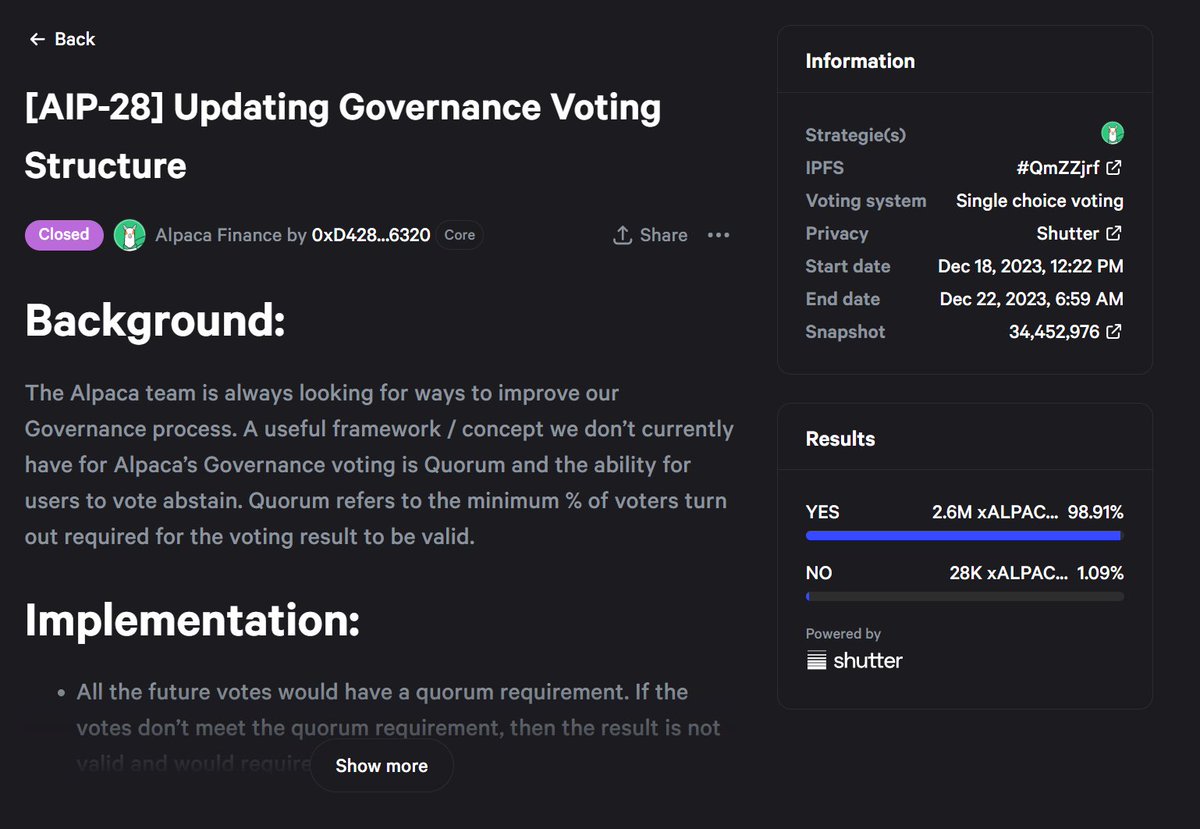 [AIP-28] Updating Governance Voting Structure has concluded ➡️ The community has voted to adopt a new voting structure 🎨The AIP-28 NFT is now available to claim for voters: galxe.com/alpacafinance/… #NFT #Vote #Governance