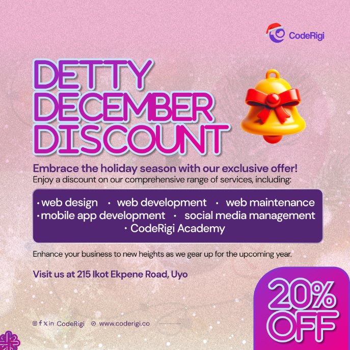 coderigi_'s tweet image. Detty December with no discount is a fiasco!
Get a 20% discount on all our services.🎉
What are you waiting for?
Send us a DM today!
#DettyDecemberDiscount #CodeRigi #SoftwareDevelopment #ITsolutions
