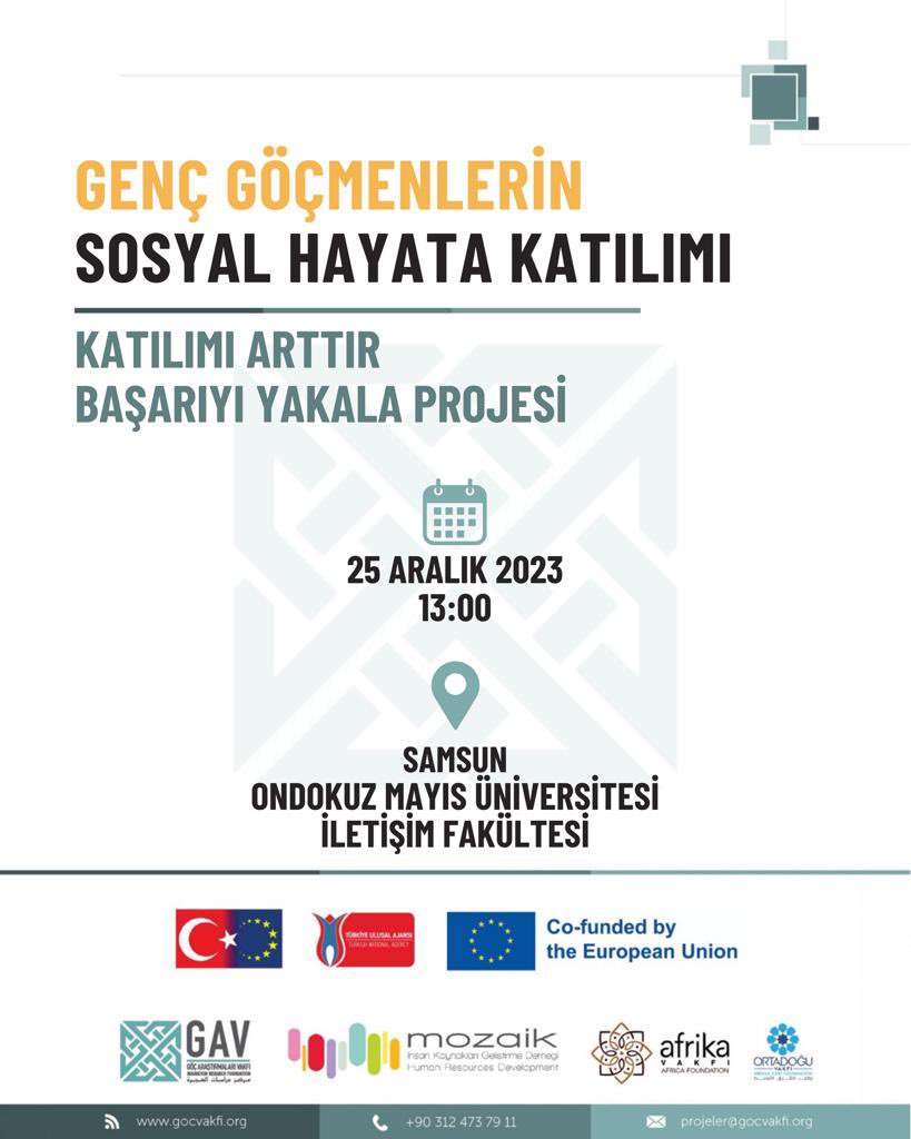 Katılımı Artır Başarıyı Yakala projemiz, Ankara ve İstanbul’un ardından Samsun’daki genç katılımcılarla buluşuyor!

Projemiz kapsamında Samsun Ondokuz Mayıs Üniversitesi İletişim Fakültesi’nde düzenleyeceğimiz “Genç Göçmenlerin Sosyal Hayata Katılımı” etkinliğimize davetlisiniz.