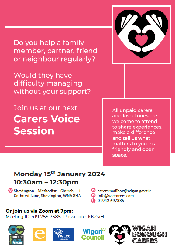 Join us for our first Carer Voice Session of 2024! 🗓️15th January 2024 ⏰10:30am-12:30pm 📍 Shevington Methodist Church or join via zoom at 7pm! A great chance to meet other carers, share your experiences and tell us what matters to you. We hope to see you there❤️