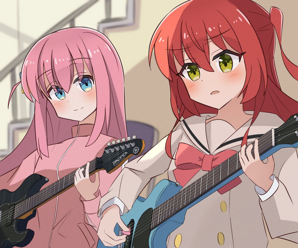 gotoh hitori ,gotou hitori ,kita ikuyo multiple girls 2girls instrument pink jacket red hair guitar pink hair  illustration images